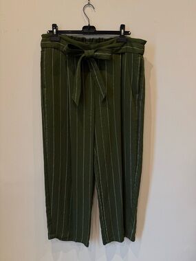 Vince Olive Green Pinstripe Wide-Leg Paperbag Pants